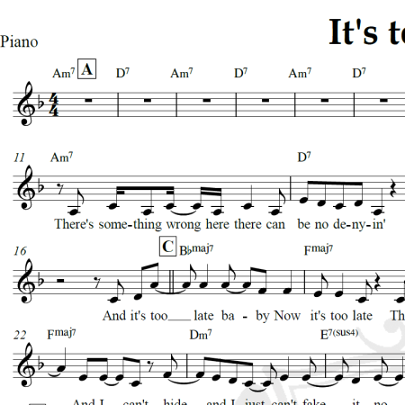 It's too late - Gloria Stefan - Piano/Vocal