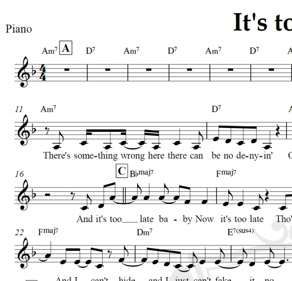 It's too late - Gloria Stefan - Piano/Vocal