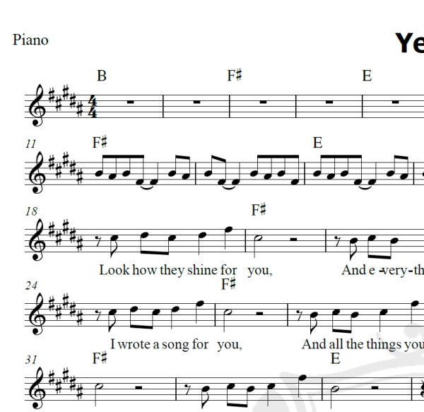 Yellow - Coldplay - Piano/Vocal