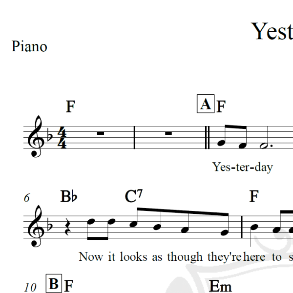 Yesterday - The Beatles - Piano/Vocal